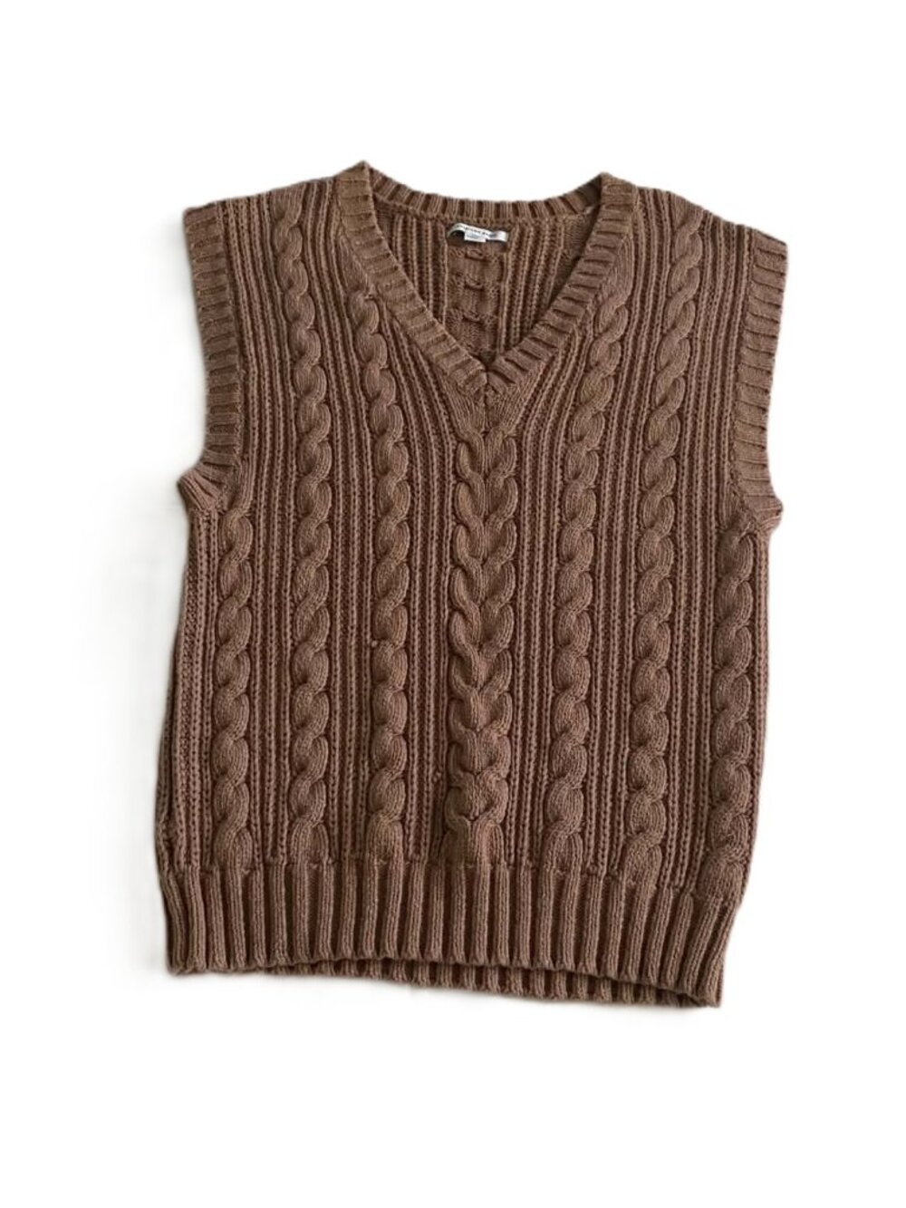 American Eagle Women’s L Brown Cable Knit Sweater Vest 100% Cotton V Neck